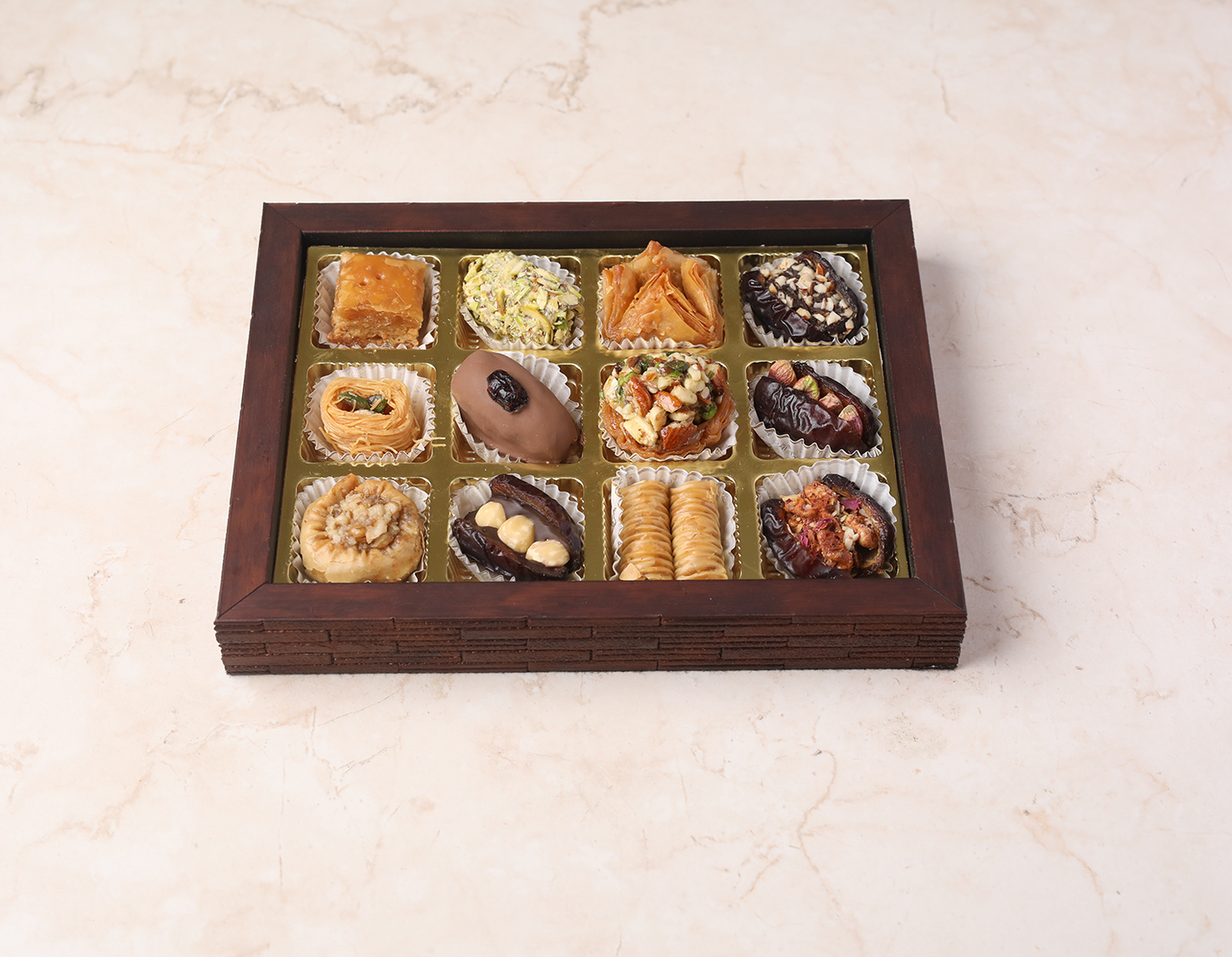 Ligneous Tray Hamper Mediterranean Baklava Sweets & Filled/ Coated Dates