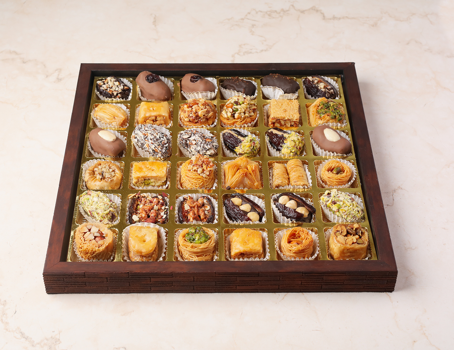 Ligneous Tray Hamper Mediterranean Baklava Sweets & Filled/ Coated Dates