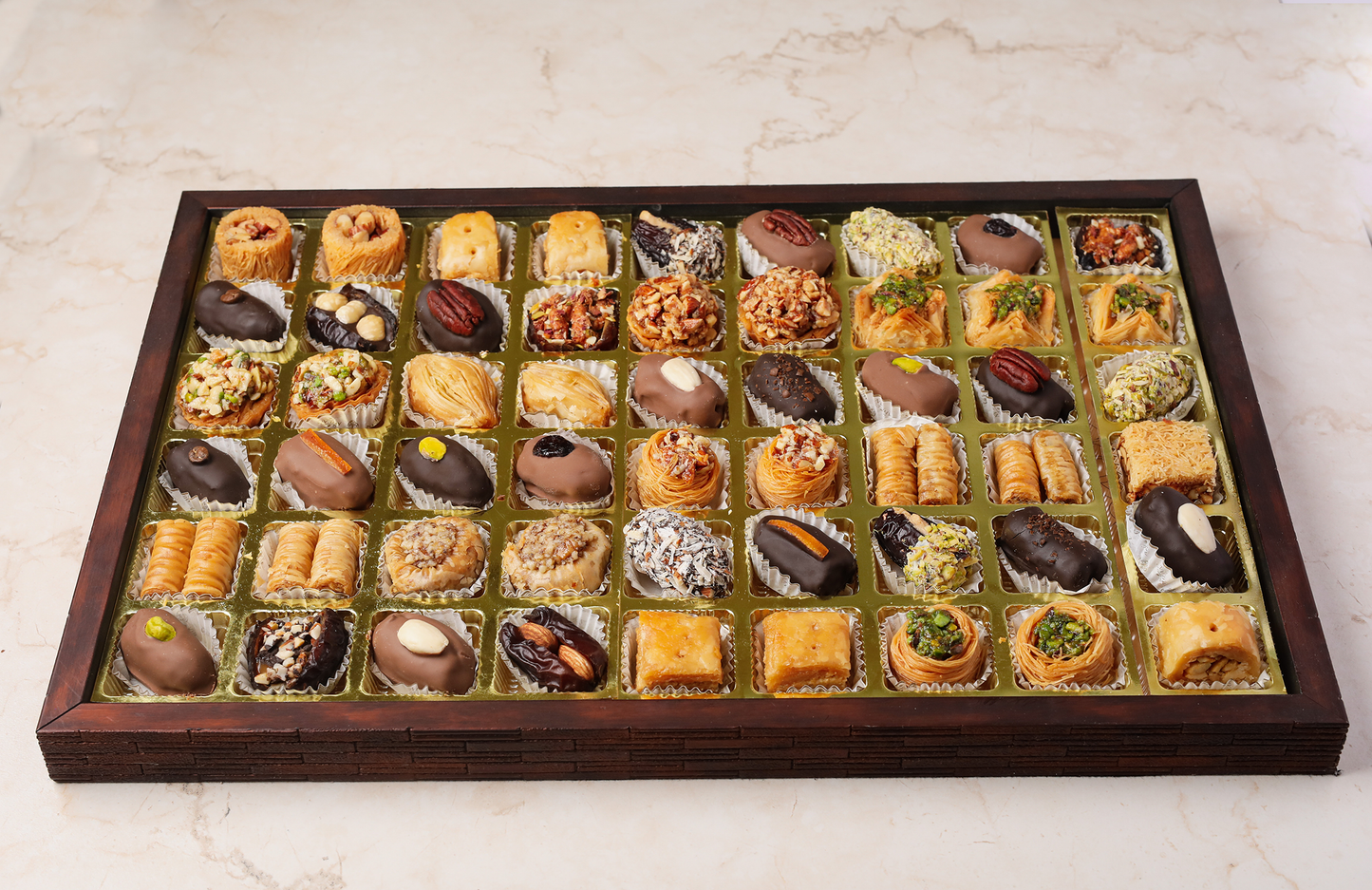 Ligneous Tray Hamper Mediterranean Baklava Sweets & Filled/ Coated Dates