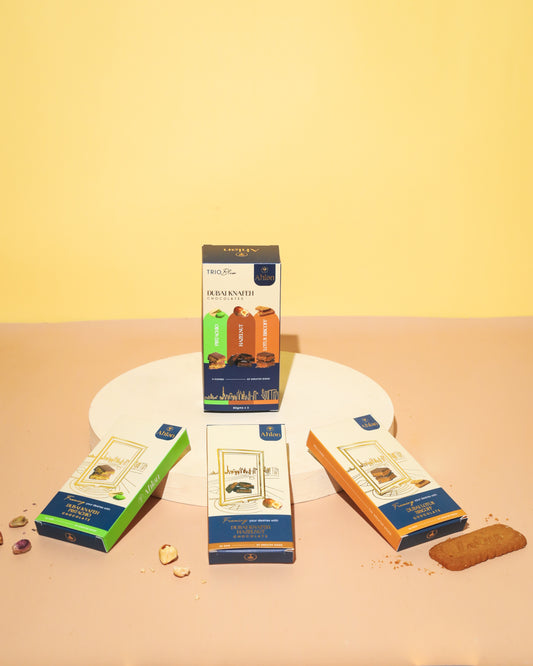Dubai Knafeh Chocolate Trio – Pistachio, Hazelnut & Biscoff- (3 Slabs * 80gms )