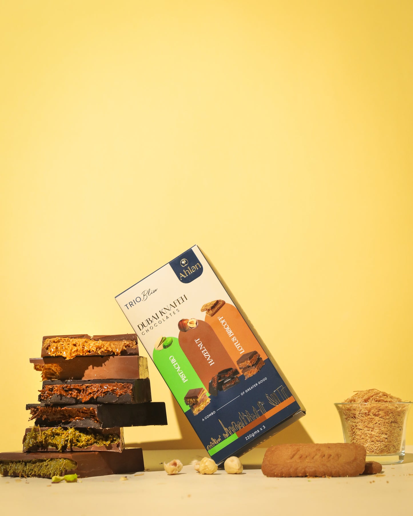 Dubai Knafeh Chocolate Trio – Pistachio, Hazelnut & Biscoff - (3 Slab * 220gms)