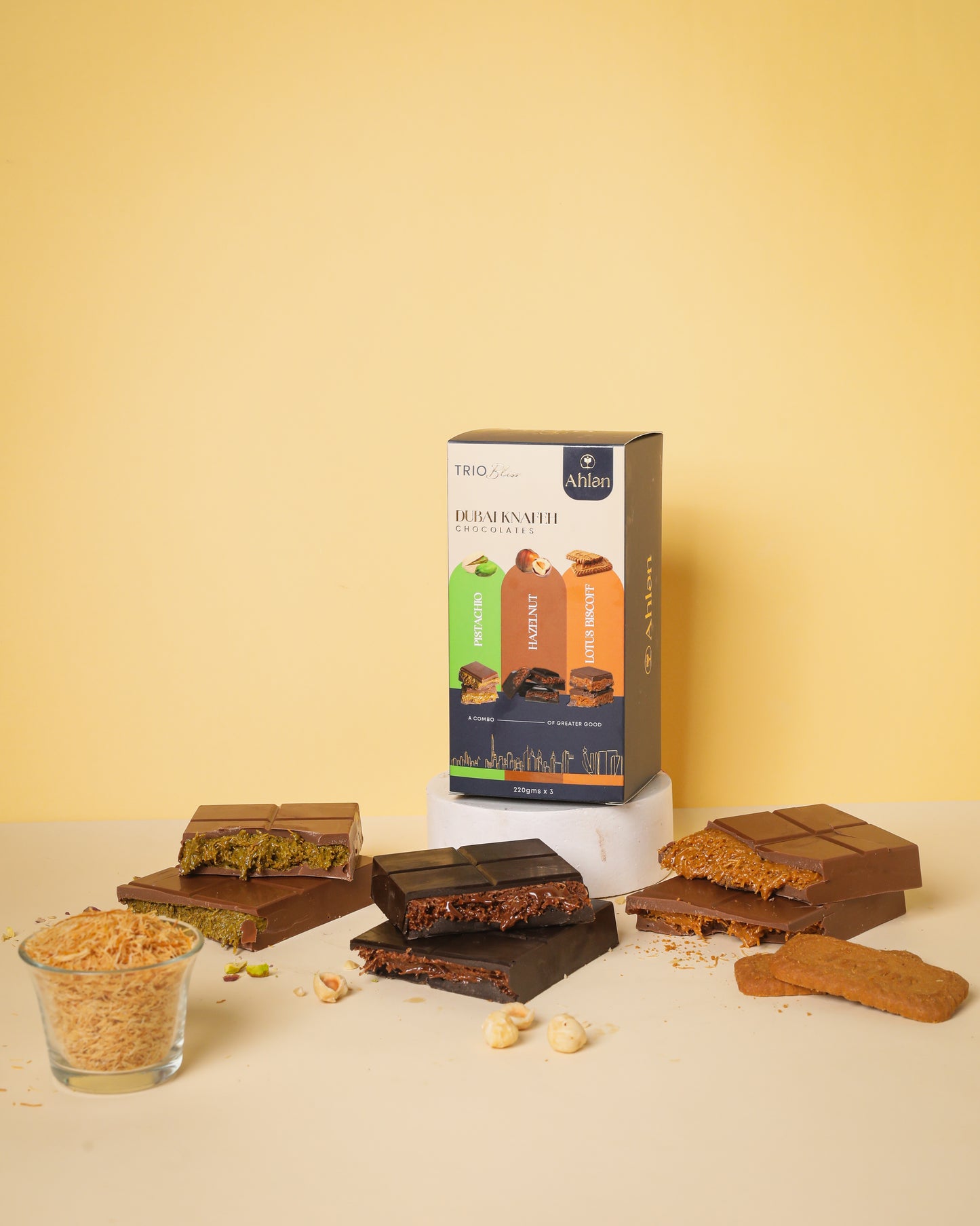 Dubai Knafeh Chocolate Trio – Pistachio, Hazelnut & Biscoff - (3 Slab * 220gms)