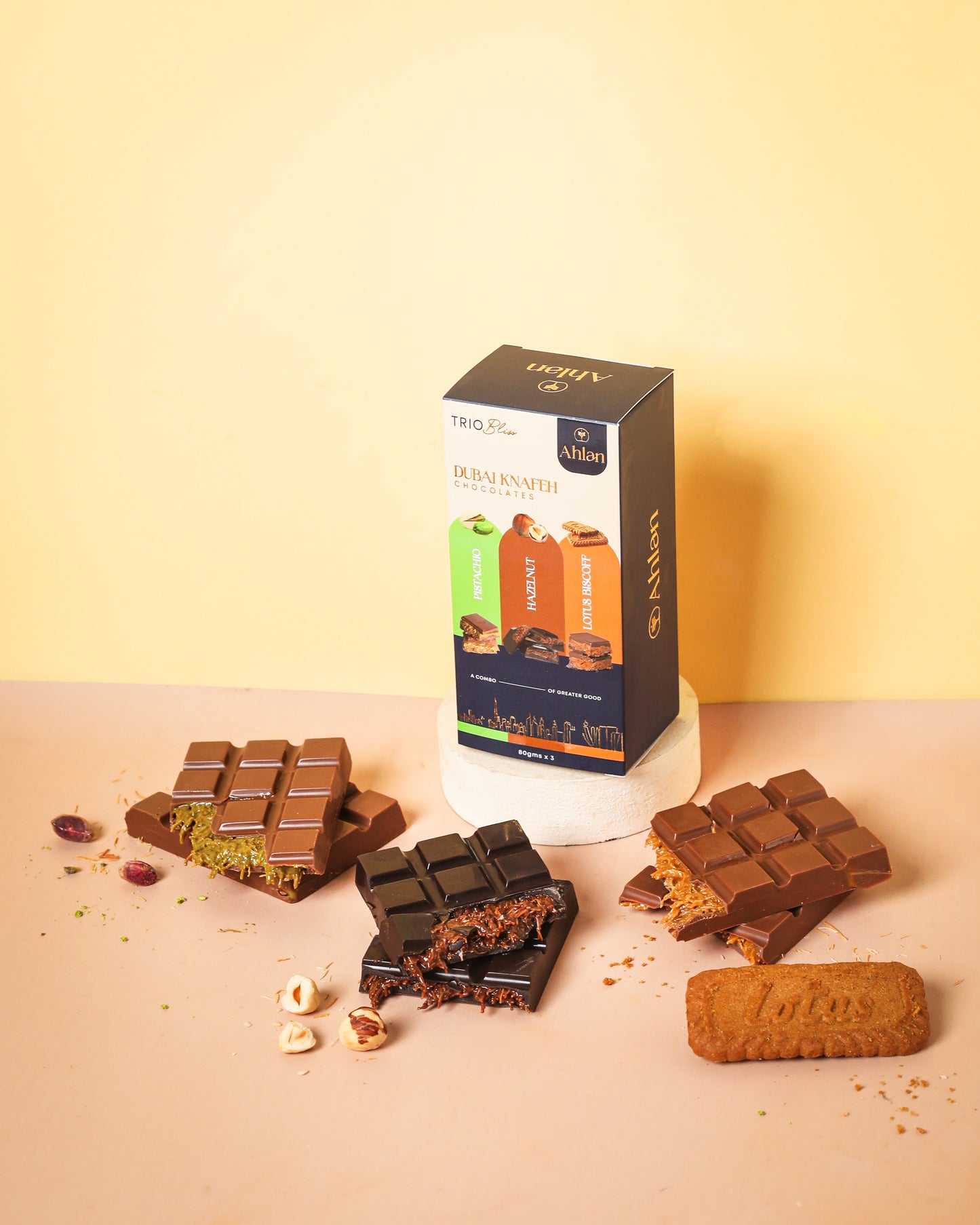 Dubai Knafeh Chocolate Trio – Pistachio, Hazelnut & Biscoff- (3 Slabs * 80gms )